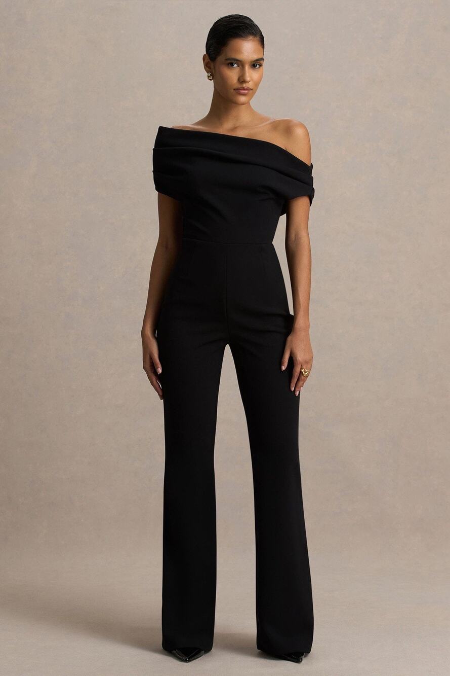 NWT Club L London Alexandra Black Asymmetric Draped Flare Jumpsuit US 6